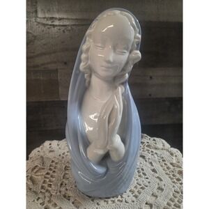 1980's Religious Figurine Cream & Blue Praying Virgin Mary Ceramic 10"